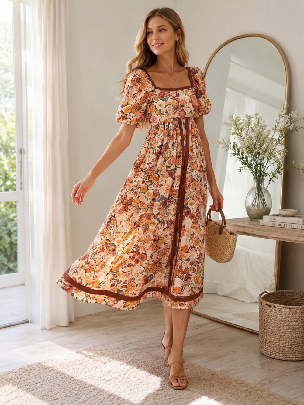 IN LOOM Floral Puff Sleeve Midi Dress | NWT | Cottagecore |Square Neck Boho
